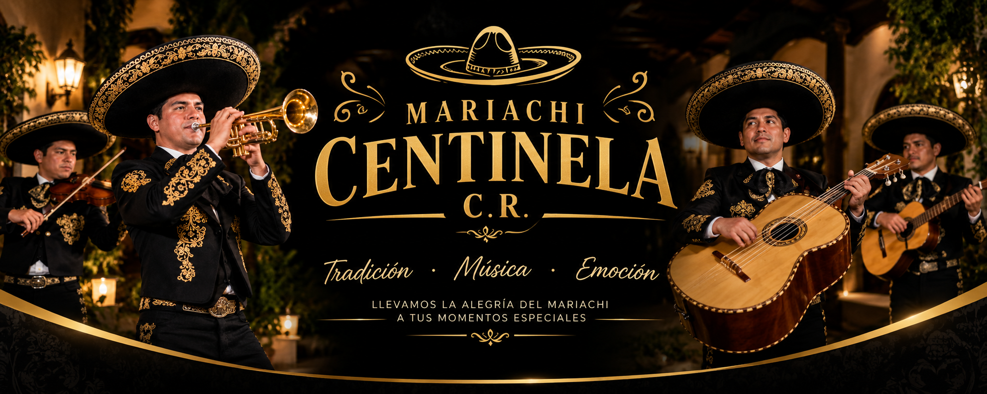 Grupo de Mariachi Centinela con sus instrumentos y trajes tradicionales